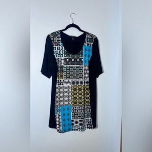 Style & Co Black Tunic with Geometric Design Of Turquoise Yellow & Gray.